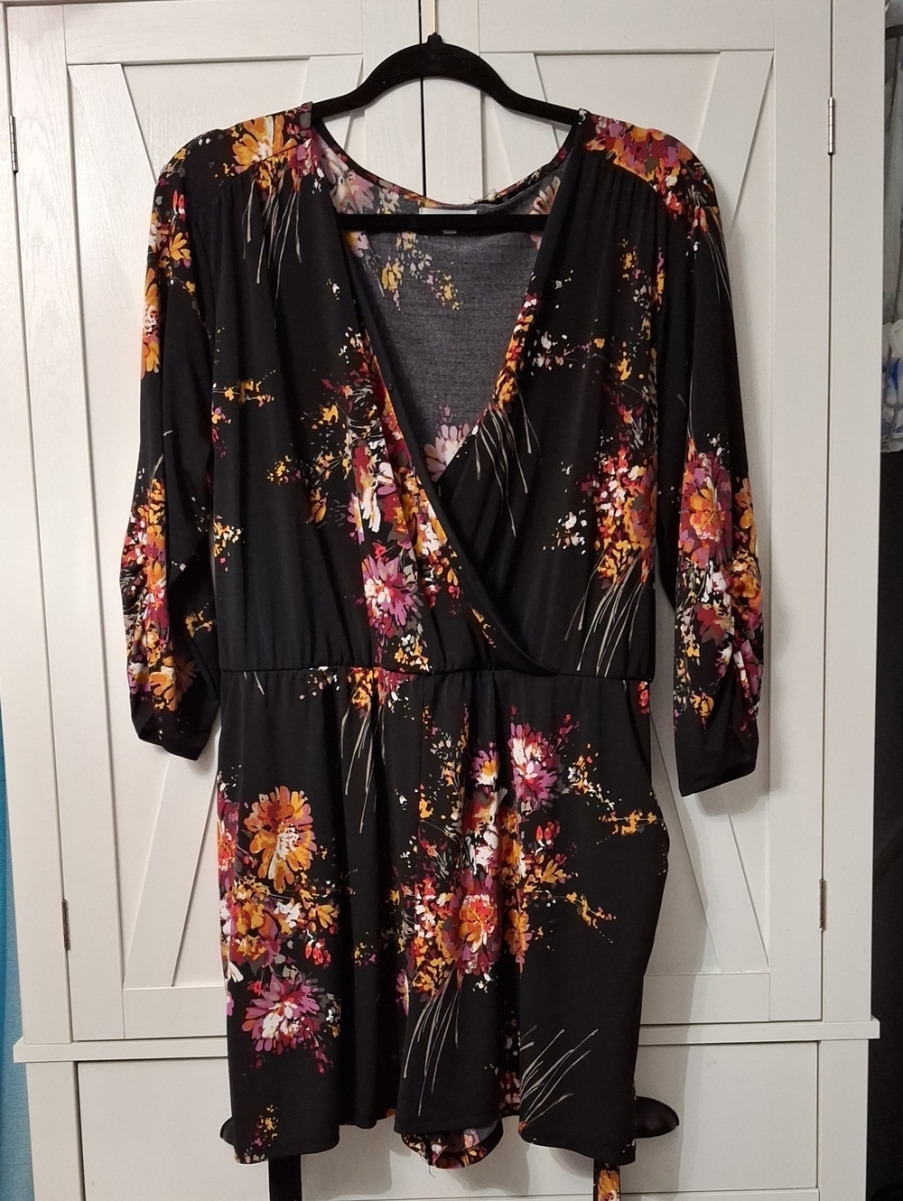 Maurices Black Floral Romper with Pink & Orange Accents
